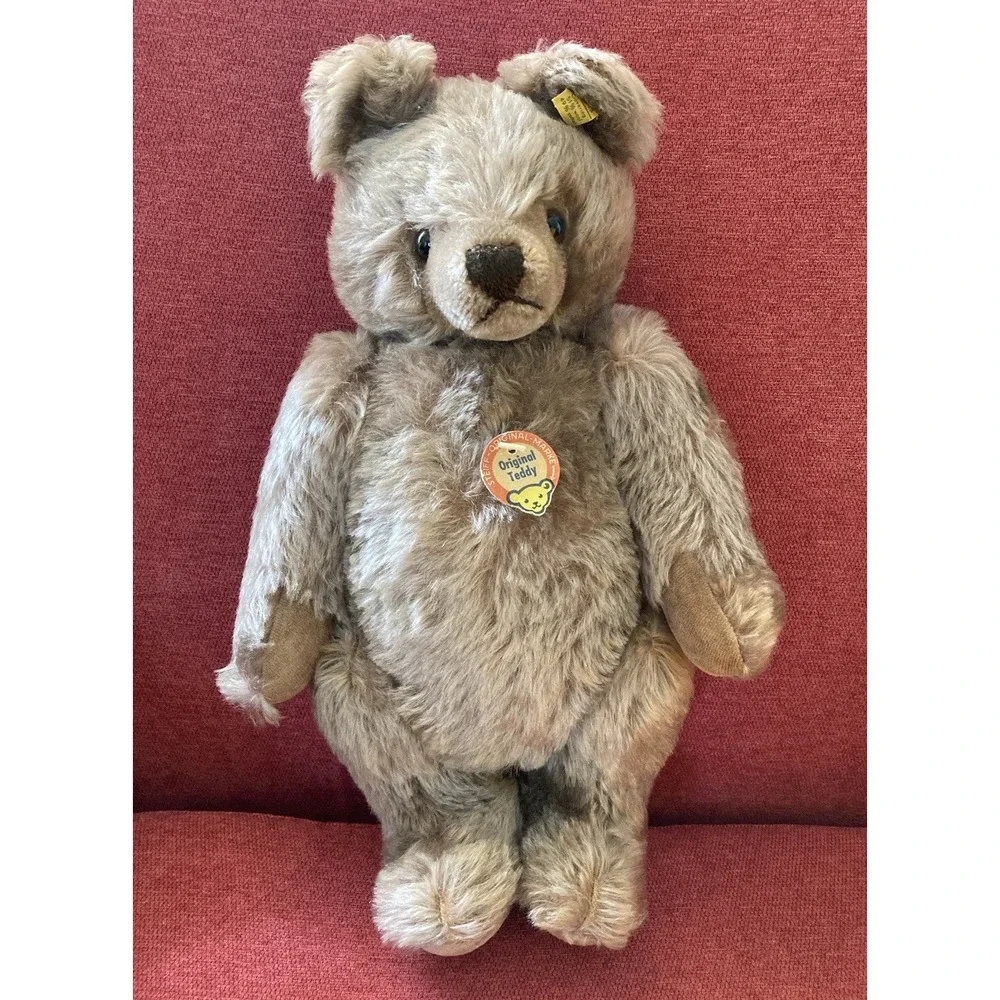 Vintage Steiff Original Teddy brown mohair bear plush hang tag button 202 41 EUC